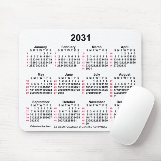 2031 Witte 52 weken ISO-kalender door Janz Muismat (Met muis)