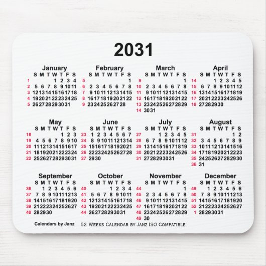 2031 Witte 52 weken ISO-kalender door Janz Muismat (Voorkant)