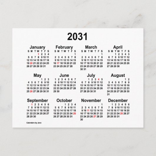 2031 Witte Mini Vakantiekalender van Janz Briefkaart (Voorkant)