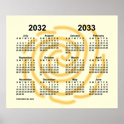 2032-2033 Schooljaar Kalender Zonnige Dagen door J Poster (Voorkant)