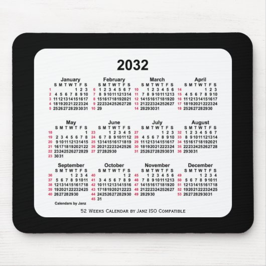 2032 Black 52 Weeks ISO-kalender van Janz Two Tone Muismat (Voorkant)