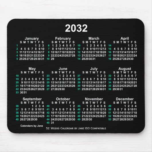 2032 Neon White 52 weken ISO-kalender door Janz Muismat (Voorkant)