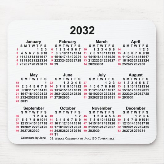 2032 Witte 52 weken ISO-kalender door Janz Muismat (Voorkant)