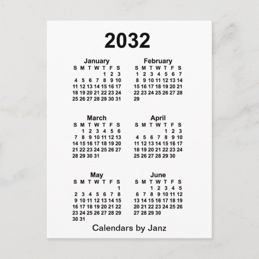 2032 Witte 6-maands minicalender van Janz Briefkaart (Voorkant)