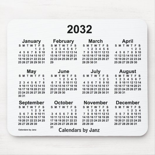 2032 Witte kalender van de Janz-Muismat Muismat (Voorkant)