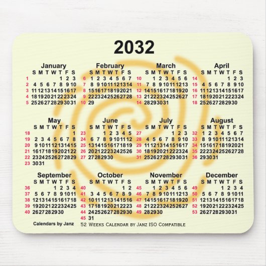 2032 Zonnedagen 52 weken ISO-kalender door Janz Muismat (Voorkant)
