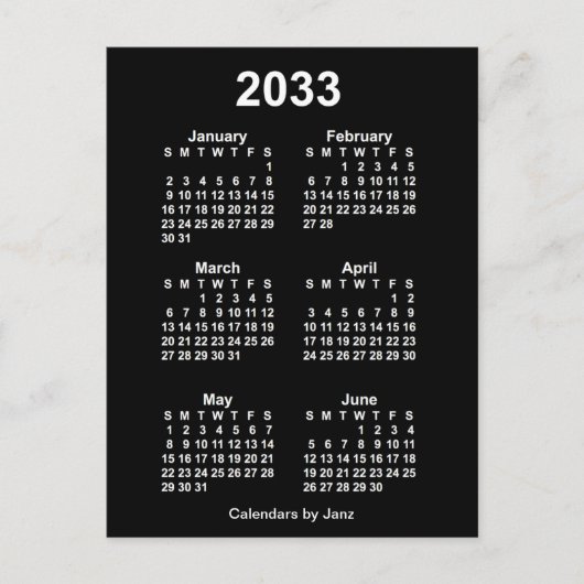2033 Neon White 6 maanden Mini Calendar van Janz Briefkaart (Voorkant)