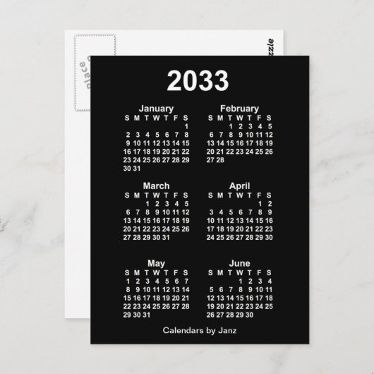2033 Neon White 6 Maanden Mini Kalender van Janz Briefkaart (Voorkant / Achterkant)
