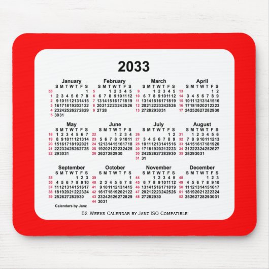 2033 Rood 52 weken ISO Agenda van Janz Two Tone Muismat (Voorkant)