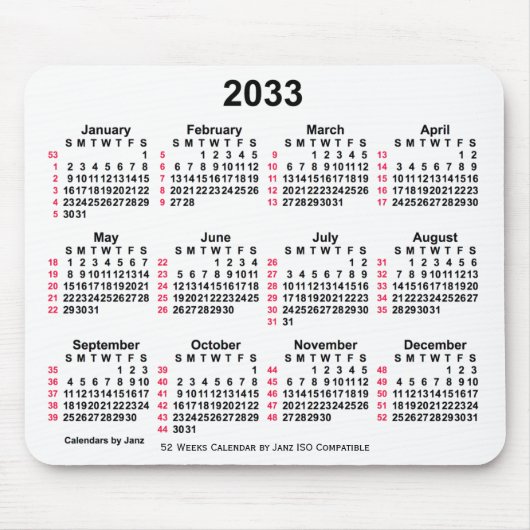 2033 Witte 52 weken ISO-kalender door Janz Muismat (Voorkant)