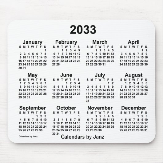 2033 Witte kalender van de Janz-Muismat Muismat (Voorkant)