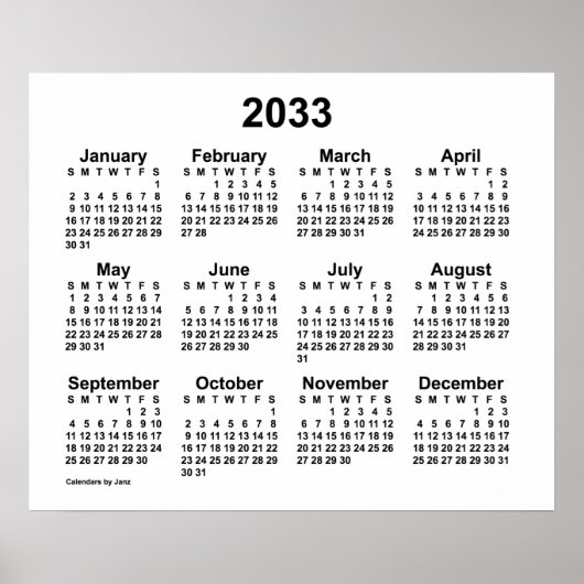 2033 Witte Kalender van Janz Print (Voorkant)