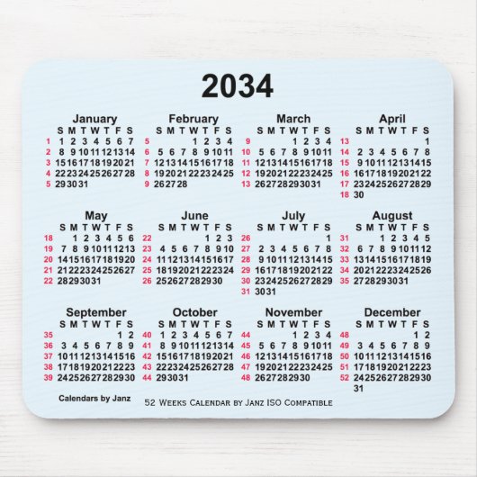 2034 Alice Blue 52 weken ISO-kalender van Janz Muismat (Voorkant)