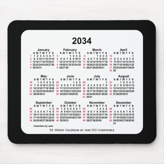 2034 Black 52 weken ISO-kalender van Janz Two Tone Muismat (Voorkant)