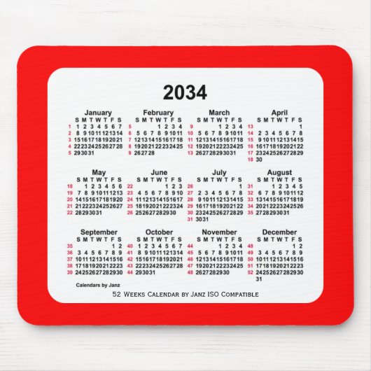 2034 Rood 52 weken ISO Agenda van Janz Two Tone Muismat (Voorkant)