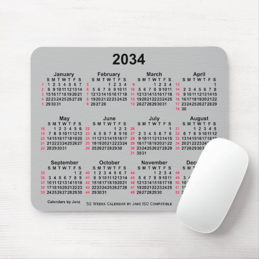 2034 Silver 52 weken ISO-kalender door Janz Muismat (Met muis)