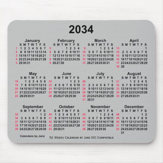 2034 Silver 52 weken ISO-kalender door Janz Muismat (Voorkant)