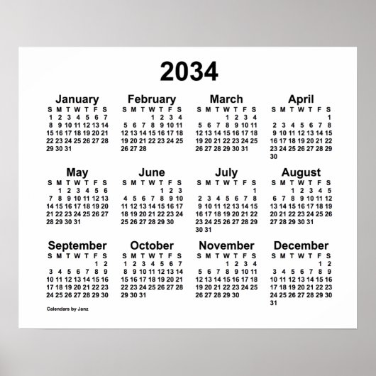 2034 White Calendar door Janz Print (Voorkant)
