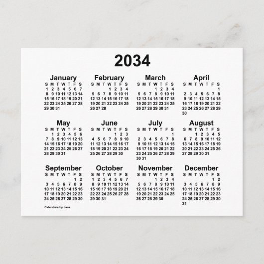 2034 White Mini Calendar van Janz Briefkaart (Voorkant)