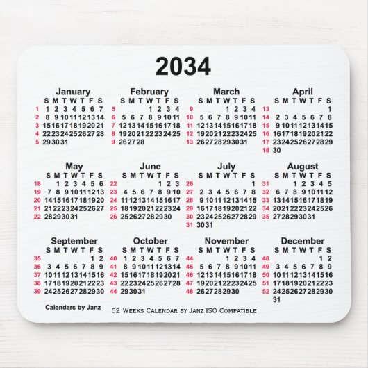2034 Witte 52 weken ISO-kalender door Janz Muismat (Voorkant)