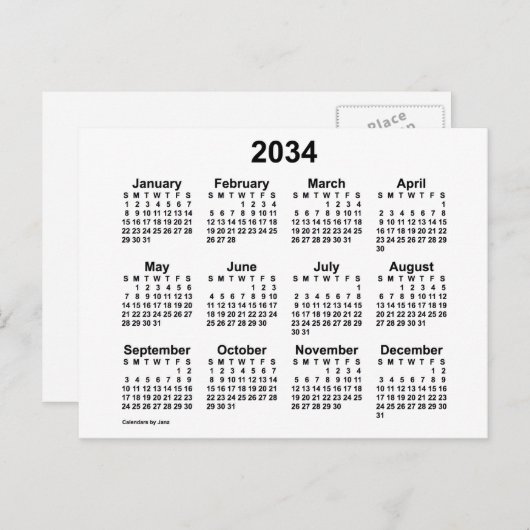 2034 Witte Mini-kalender van Janz Briefkaart (Voorkant / Achterkant)