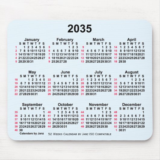 2035 Alice Blue 52 weken ISO-kalender van Janz Muismat (Voorkant)