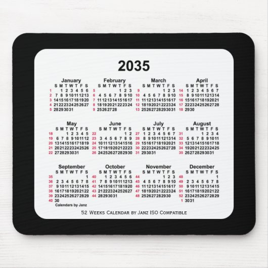2035 Black 52 weken ISO-kalender van Janz Two Tone Muismat (Voorkant)
