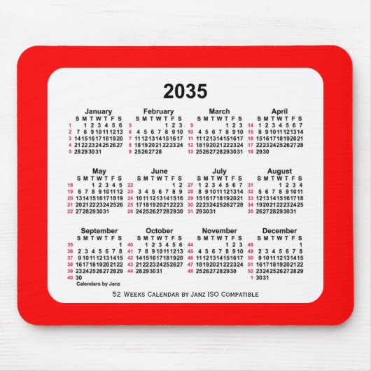 2035 Rood 52 weken ISO Agenda van Janz Two Tone Muismat (Voorkant)
