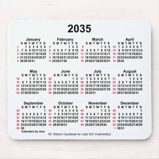 2035 Witte 52 weken ISO-kalender door Janz Muismat (Voorkant)
