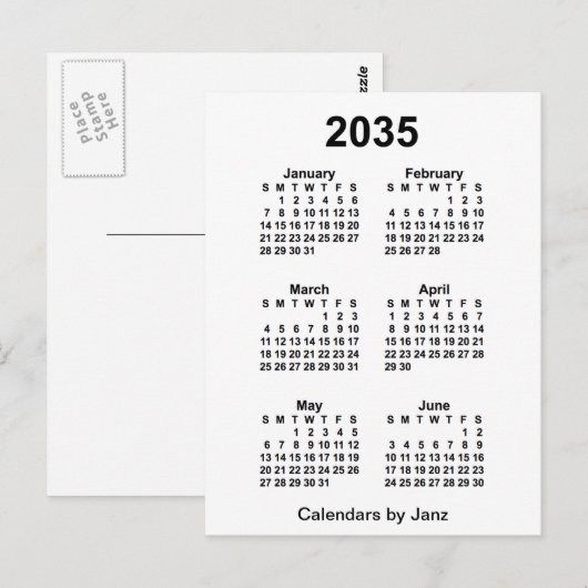 2035 Witte 6 Maanden Mini Kalender van Janz Briefkaart (Voorkant / Achterkant)