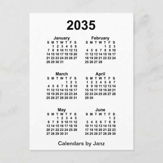 2035 Witte 6 Maanden Mini Kalender van Janz Briefkaart (Voorkant)