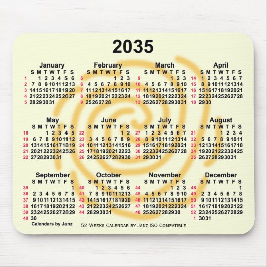 2035 Zonnedagen 52 weken ISO-kalender door Janz Muismat (Voorkant)