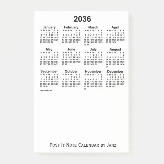 2036 White Calendar van Janz Post-it Notes (Voorkant)