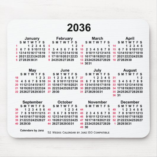 2036 Witte 52 weken ISO-kalender door Janz Muismat (Voorkant)