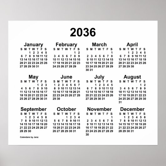 2036 Witte Kalender van Janz Print (Voorkant)