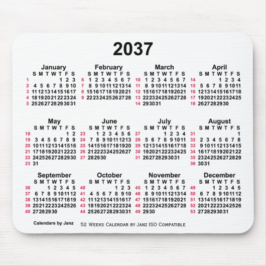 2037 Witte 52 weken ISO-kalender door Janz Muismat (Voorkant)