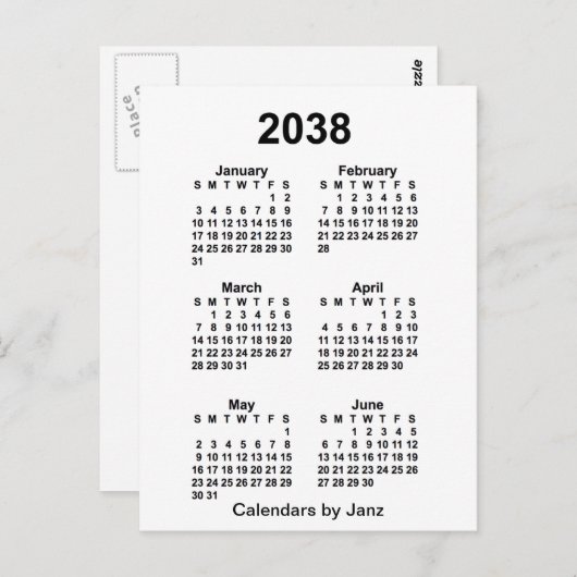2038 Witte 6 Maanden Mini Kalender van Janz Briefkaart (Voorkant / Achterkant)