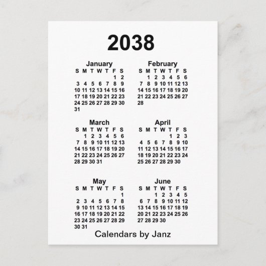 2038 Witte 6-maands minicalender van Janz Briefkaart (Voorkant)