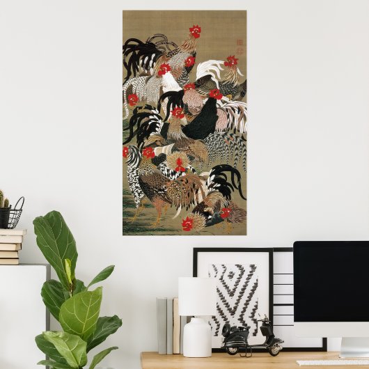 20. 群 図, 若 冲 Roosters, Jakuchu Poster (Thuiskantoor)