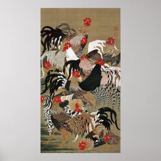 20. 群 図, 若 冲 Roosters, Jakuchu Poster (Voorkant)