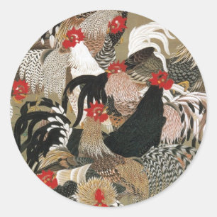 20. 群 図, 若 冲 Roosters, Jakuchu Ronde Sticker