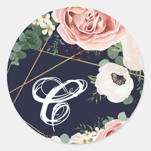 20 - 1,5 Envelop Seal Geometric Garden Roos Navy Ronde Sticker (Voorkant)