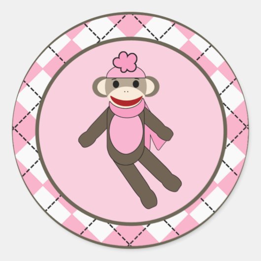 20 - 1,5" Envelop Seal Pink Argyle Sock Monkey Ronde Sticker (Voorkant)