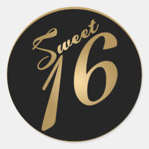 20 - 1.5"Envelopverbinding Sweet 16 Gouden Zwarte  Ronde Sticker