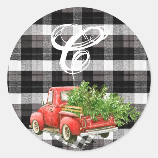 20 - 1.5 Envelopzegel XMAS Truck Buffel Plaid Ronde Sticker (Voorkant)