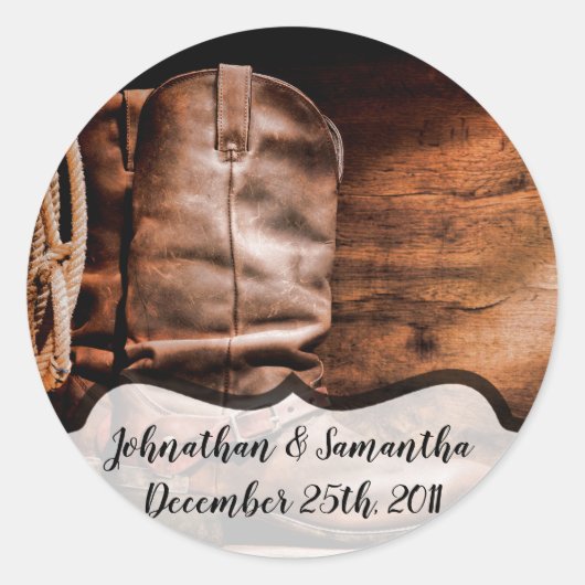 20 - 1,5" Favor Stickers Cowboy Boots Schuur Hout  (Voorkant)