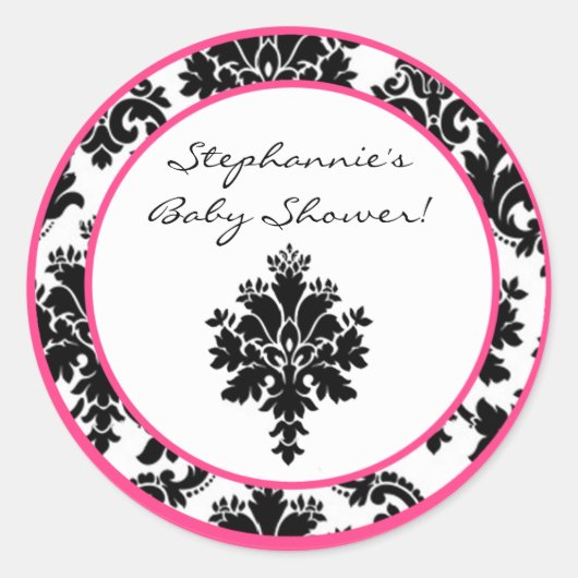 20 - 1,5" Favor Stickers Hot Pink Black Damask (Voorkant)