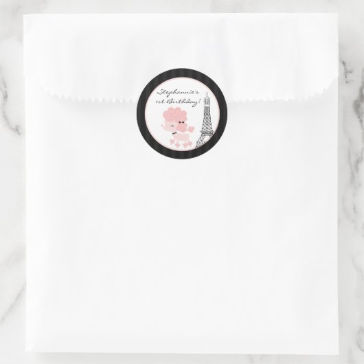 20 - 1,5" Favor Stickers roze poedel in Parijs (Tas)