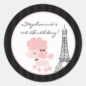 20 - 1,5" Favor Stickers roze poedel in Parijs (Voorkant)