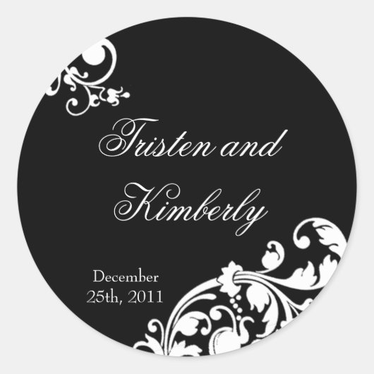 20 - 1,5" Favor Stickers Zwart Wit Bloemen Filig (Voorkant)